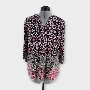 Susan Graver Blouse Women's LP 3/4 Sleeve V-Neck Stretch Floral Design Slinky